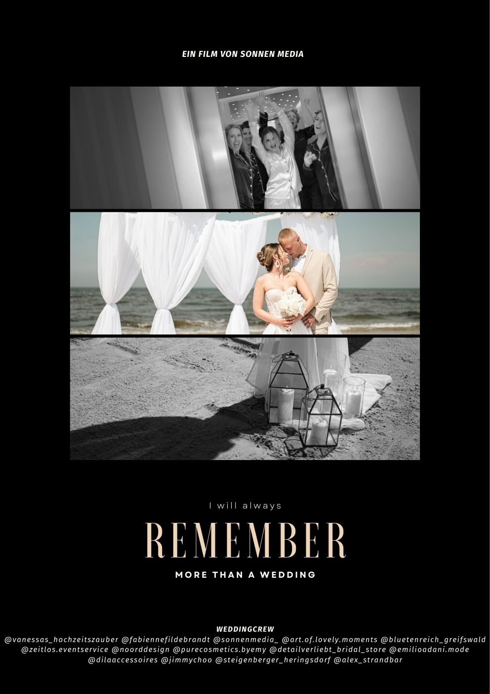 Filmplakat für “I will always REMEMBER – More than a Wedding” von Sonnen Media mit Hochzeitsmomenten am Meer, Strand und im Luxus Hotel.