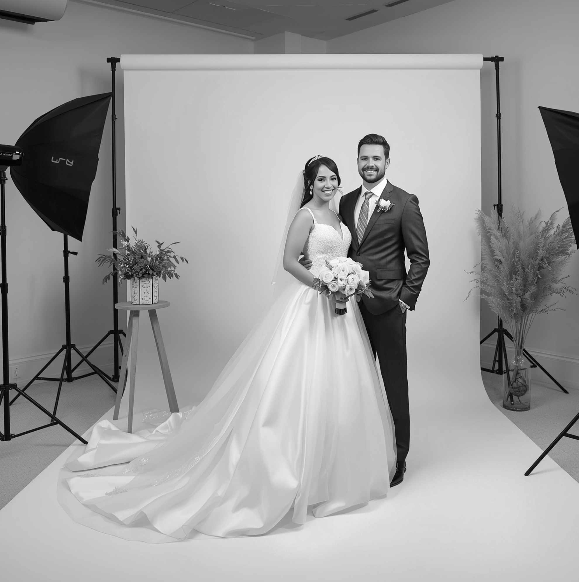 Ein Brautpaar posiert elegant in einem Fotostudio für das perfekte Hochzeitsfoto – die Braut in einem weißen Kleid mit Blumenstrauß, der Bräutigam im Anzug, professionell ausgeleuchtet.